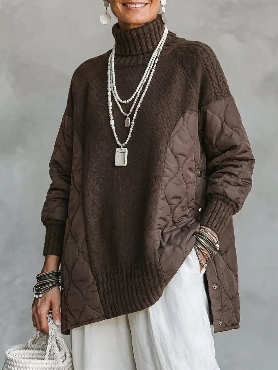 LONGANO - Maglione oversize a collo alto cioccolato con inserti trapuntati