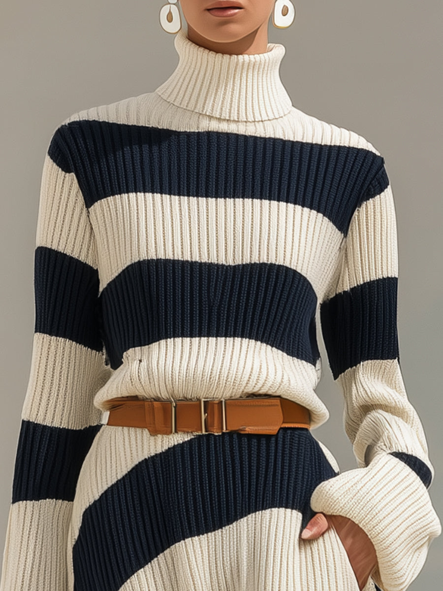 DUMENZA - Abito maxi in maglia blu navy e bianco a righe contrasto