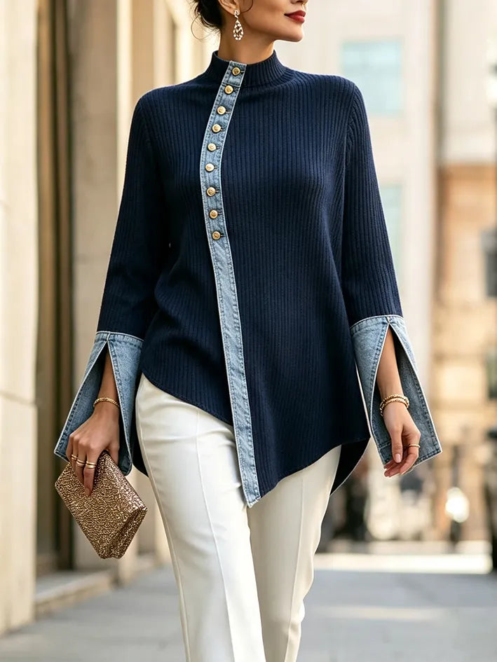 MORTARA - Top in maglia denim patchwork blu con collo alto