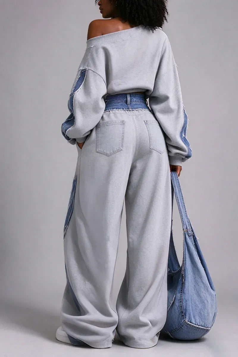 CASTAGNO - Set due pezzi felpa patchwork grigia e pantaloni denim ampi