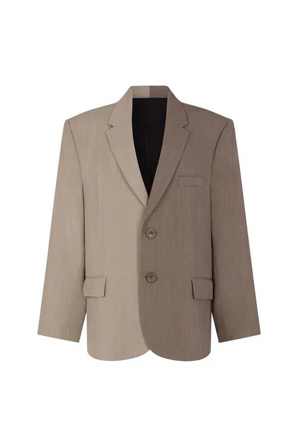 SPONGANO - Set due pezzi taupe con blazer a contrasto e pantaloni palazzo