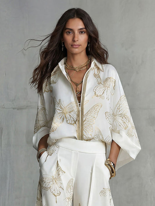 ACCUMOLI - Camicia elegante con zip e motivo farfalle