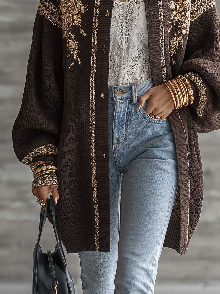 LANDIONA - Luxe Jacquard Knit Oversized-Fit Chocolate Brown Floral Cardigan