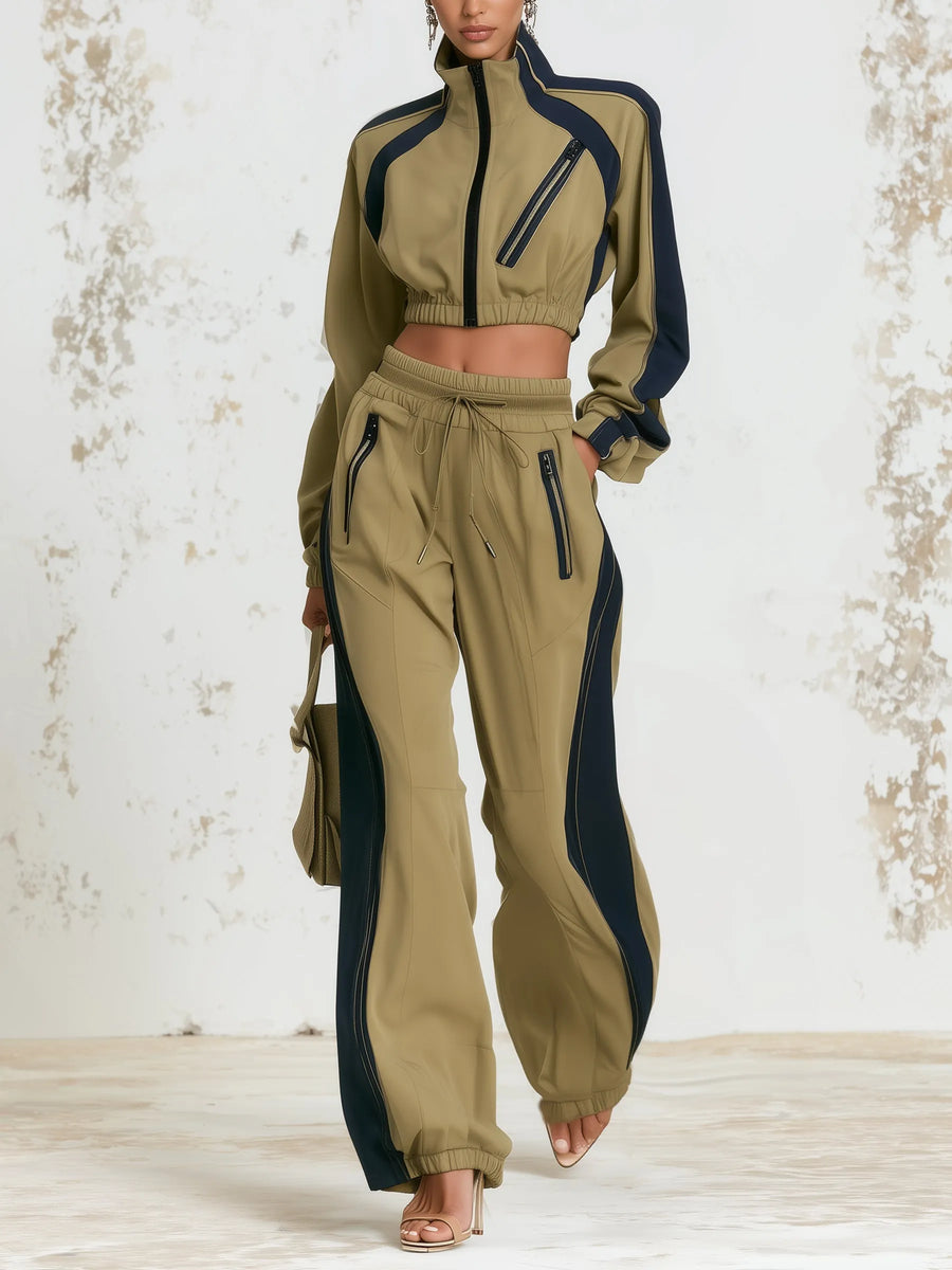 RODANO - Set due pezzi khaki con giacca cropped e jogger ampi a contrasto