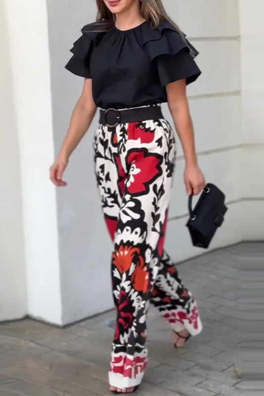 ADELINA - Completo due pezzi nero con stampa floreale casual