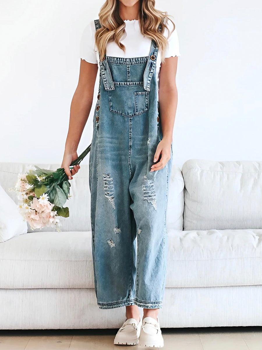 GIULIA - Salopette denim blu dal fit ampio distressed