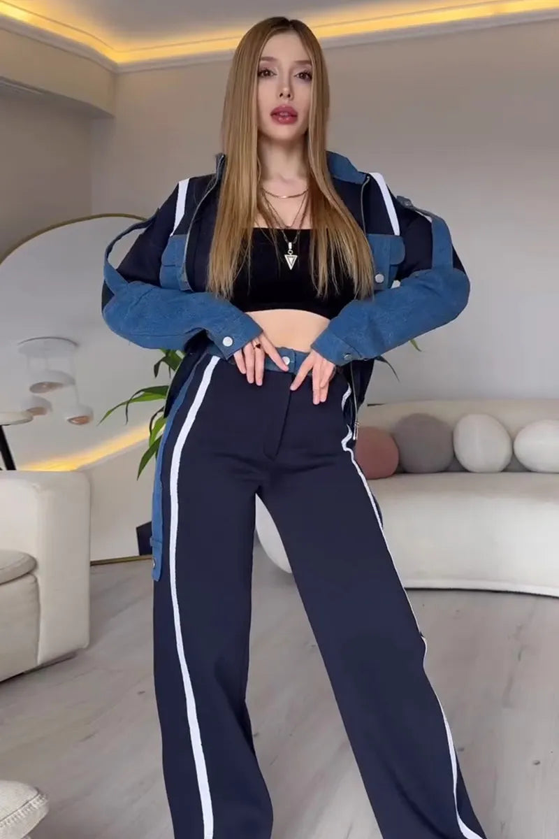 Set due pezzi con giacca e pantaloni con inserti denim