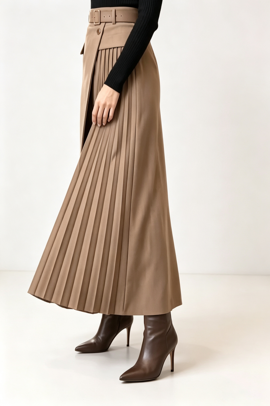 MATILDE - Gonna maxi color kaki con cintura e pieghe plissé