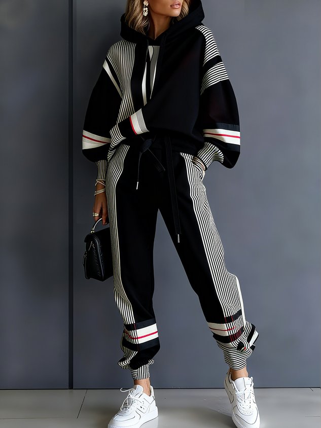 Color blocked hooded casual hoodie and pants set