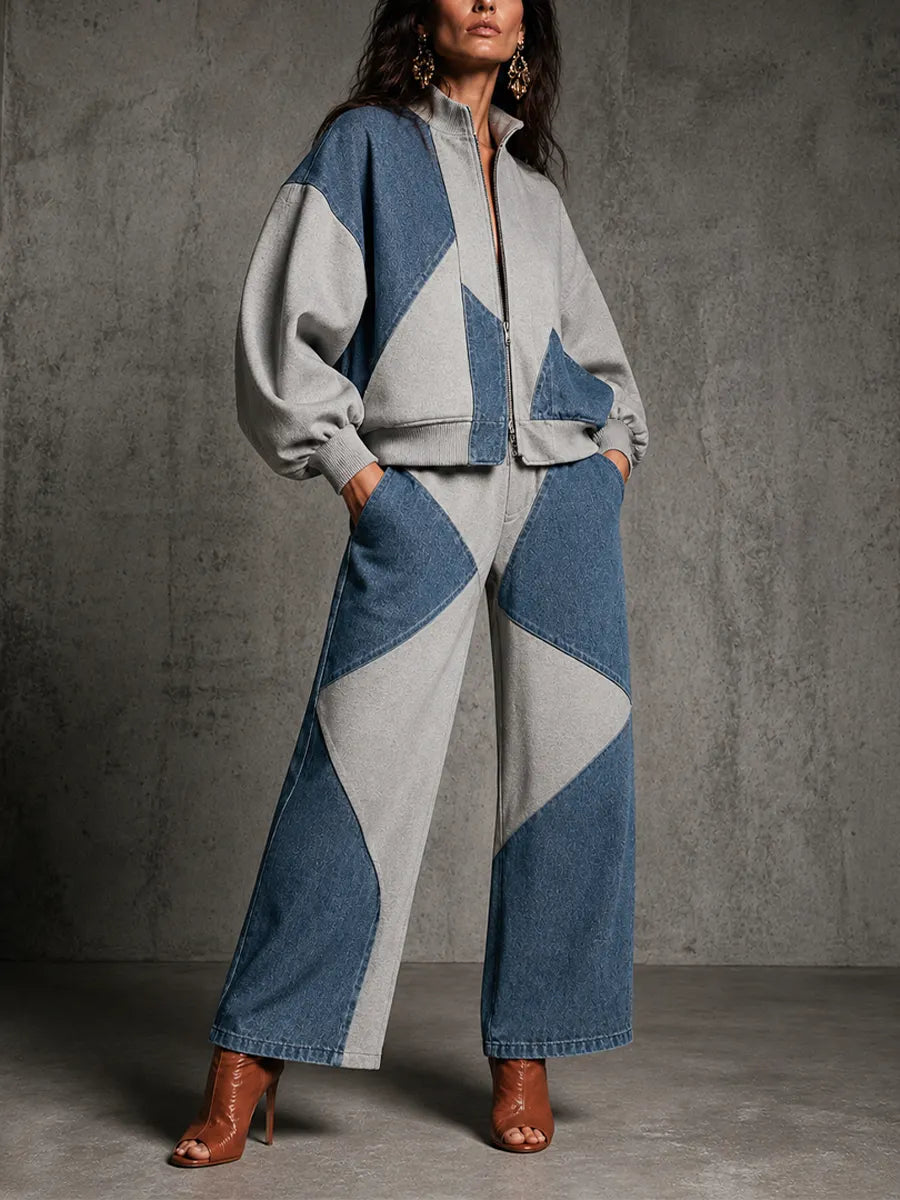 TRIGOLO - Set due pezzi blu e grigio con zip casual