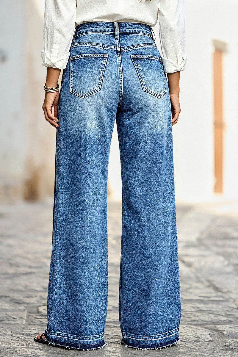GAGLIOLE - Jeans wide leg blu medio a vita media con pannelli a contrasto e orlo grezzo