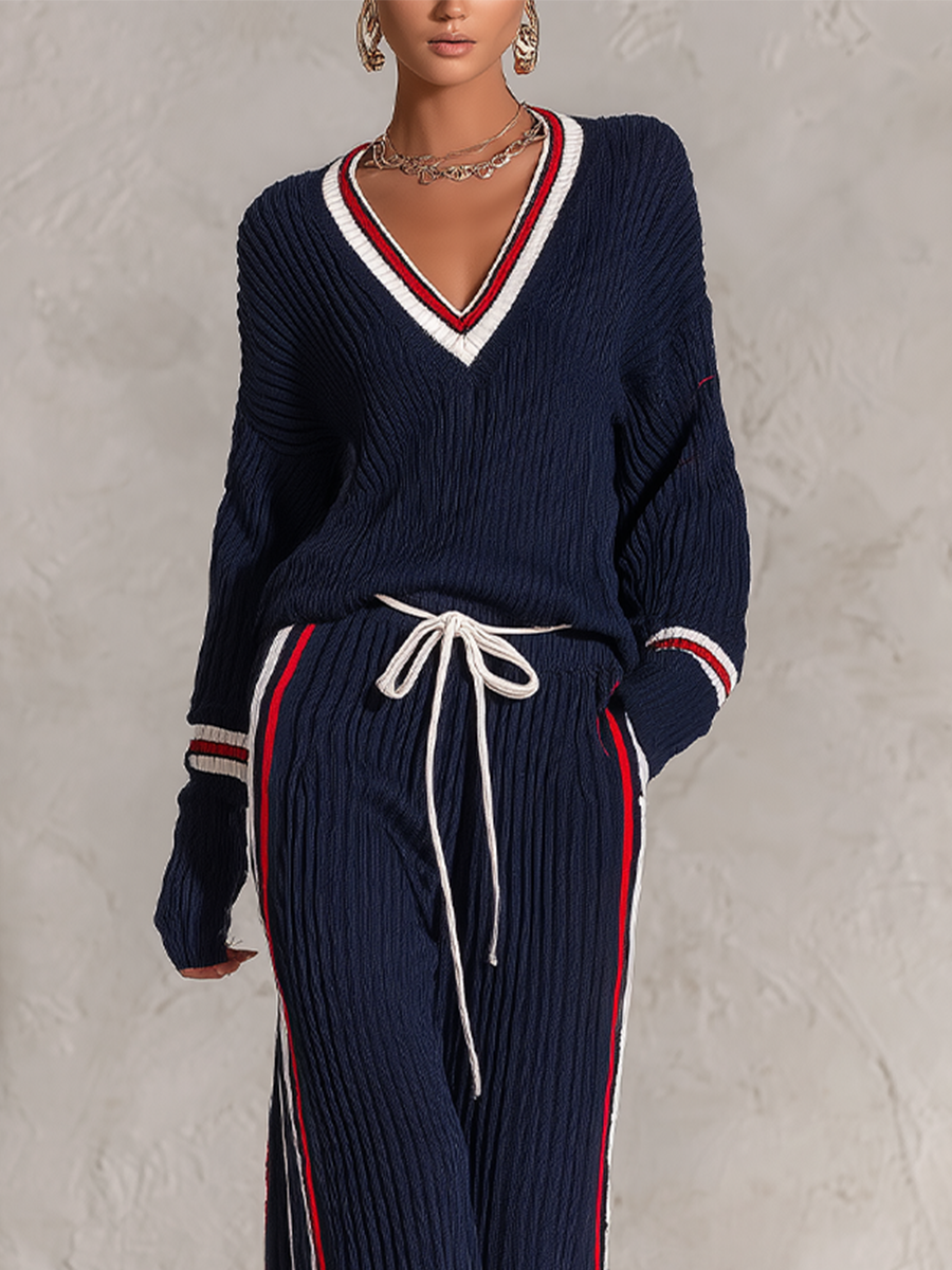 SUMMONTE - Set due pezzi in maglia blu a coste con righe varsity