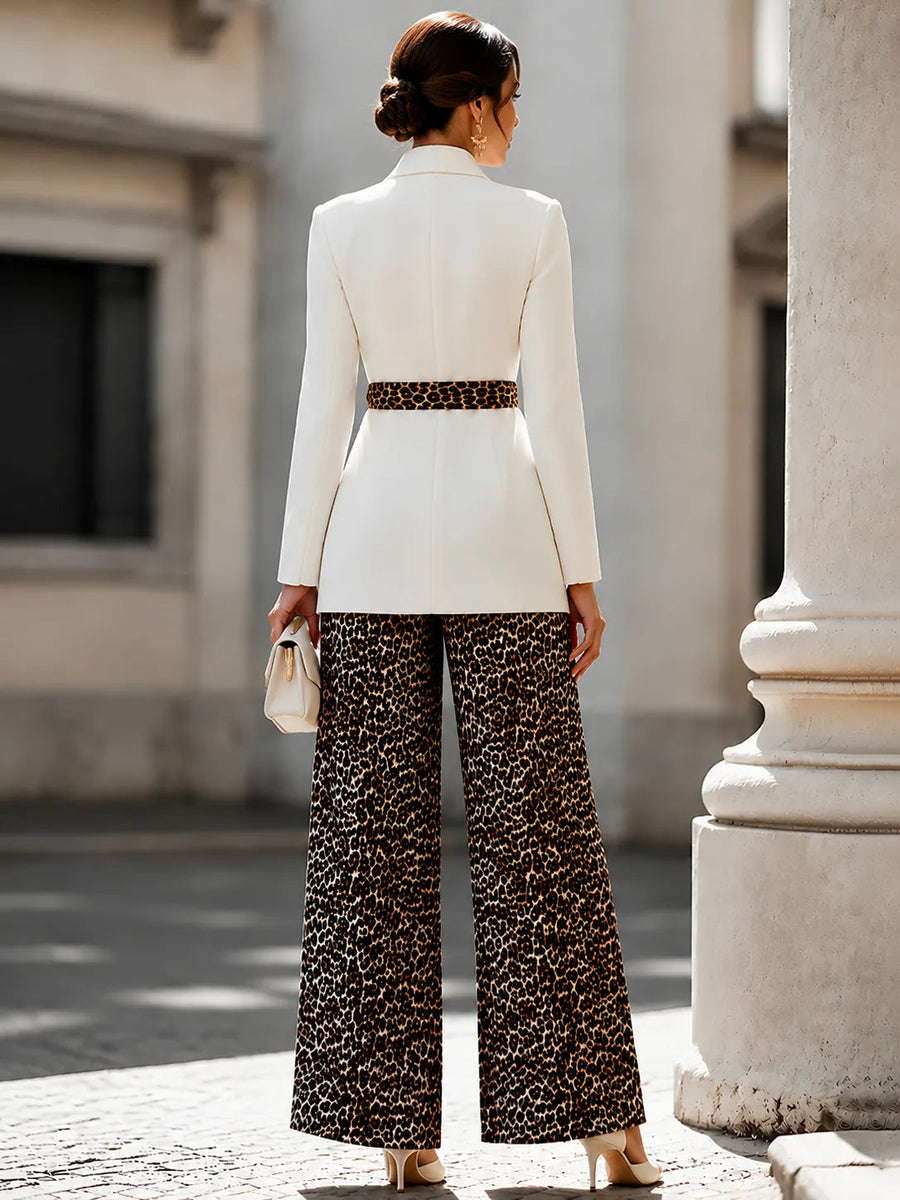 MISTRETTA - Set due pezzi avorio con blazer e pantaloni leopardati