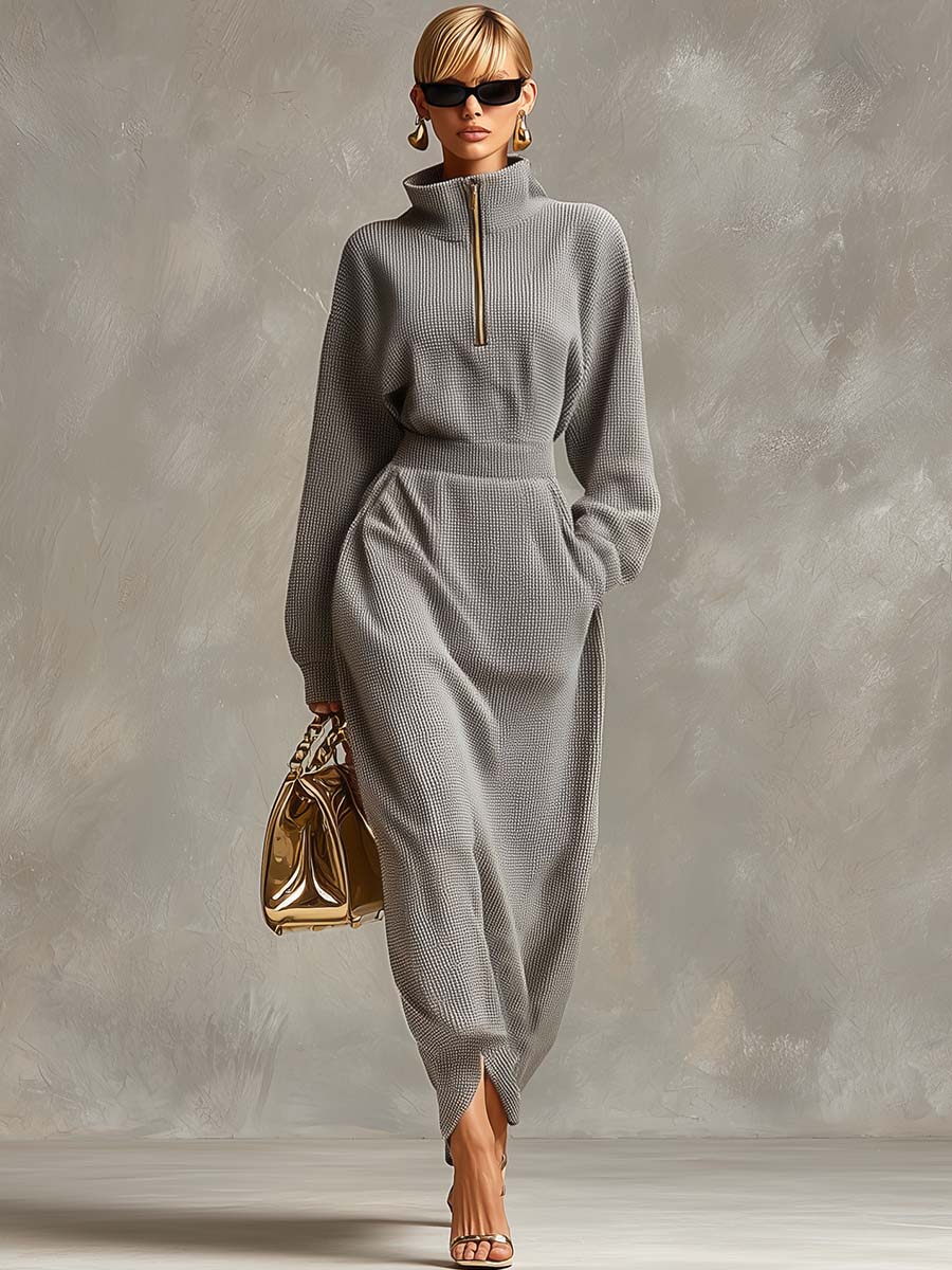 SAREZZANO - Abito maxi grigio con zip e colletto casual