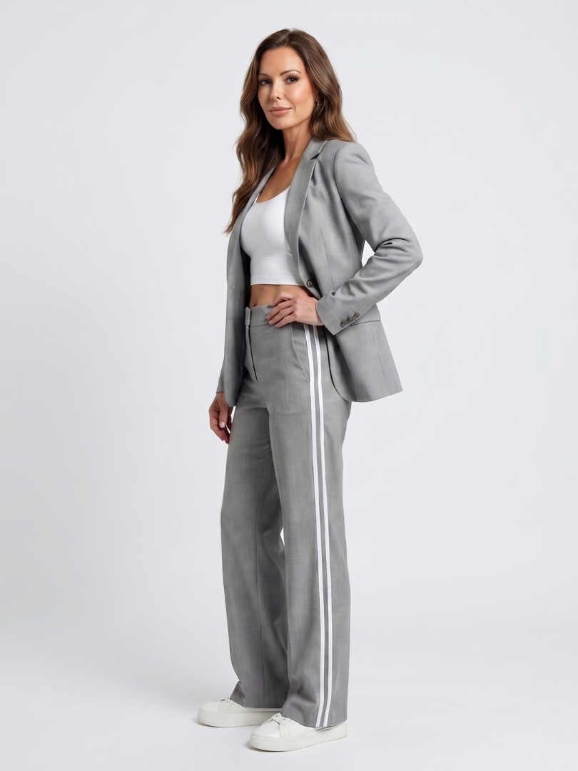 AGNONE - Set due pezzi pantalone ampio a righe, grigio verde beige bianco