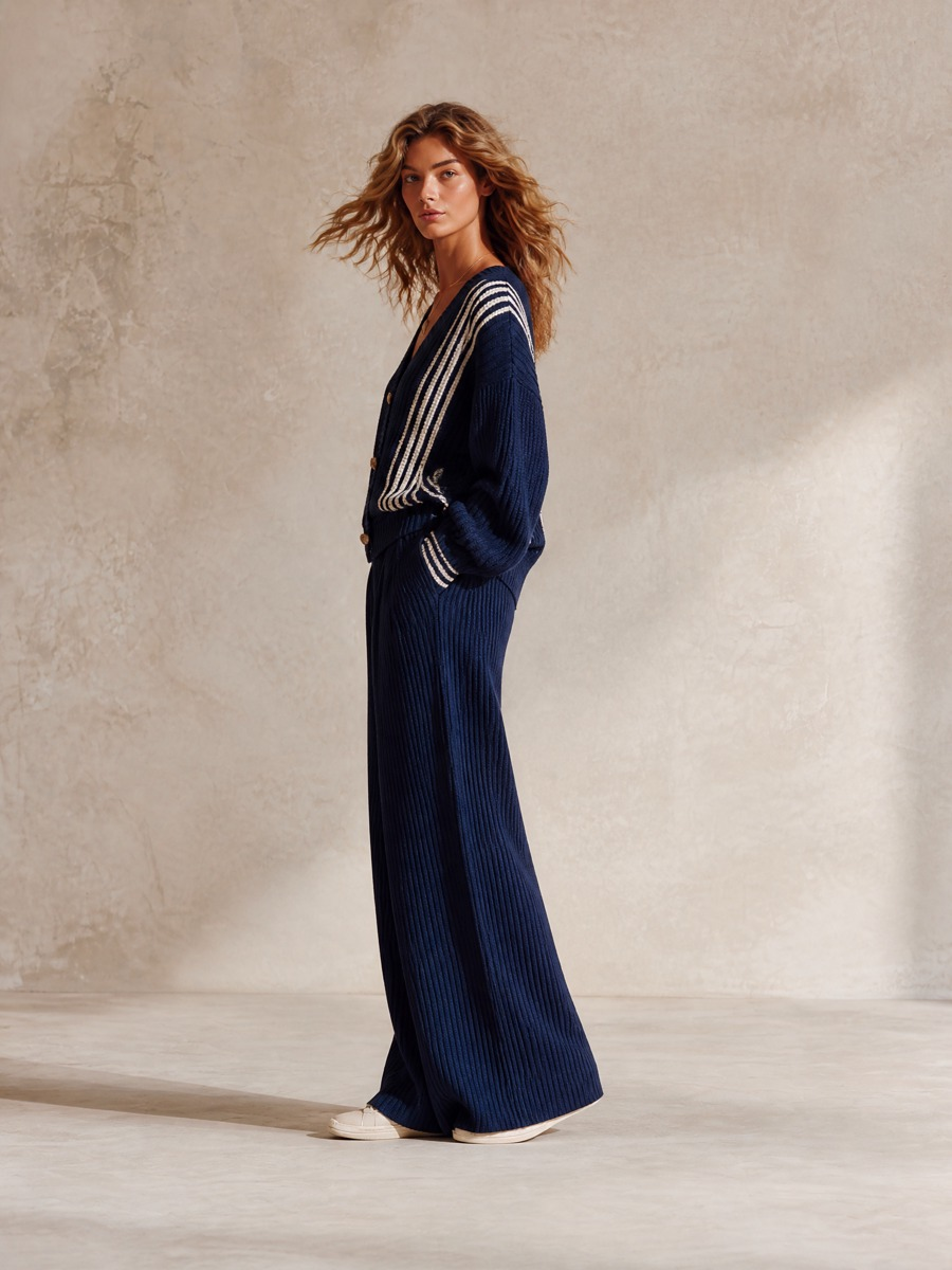 MAREBBE - Set due pezzi in maglia a coste blu a righe