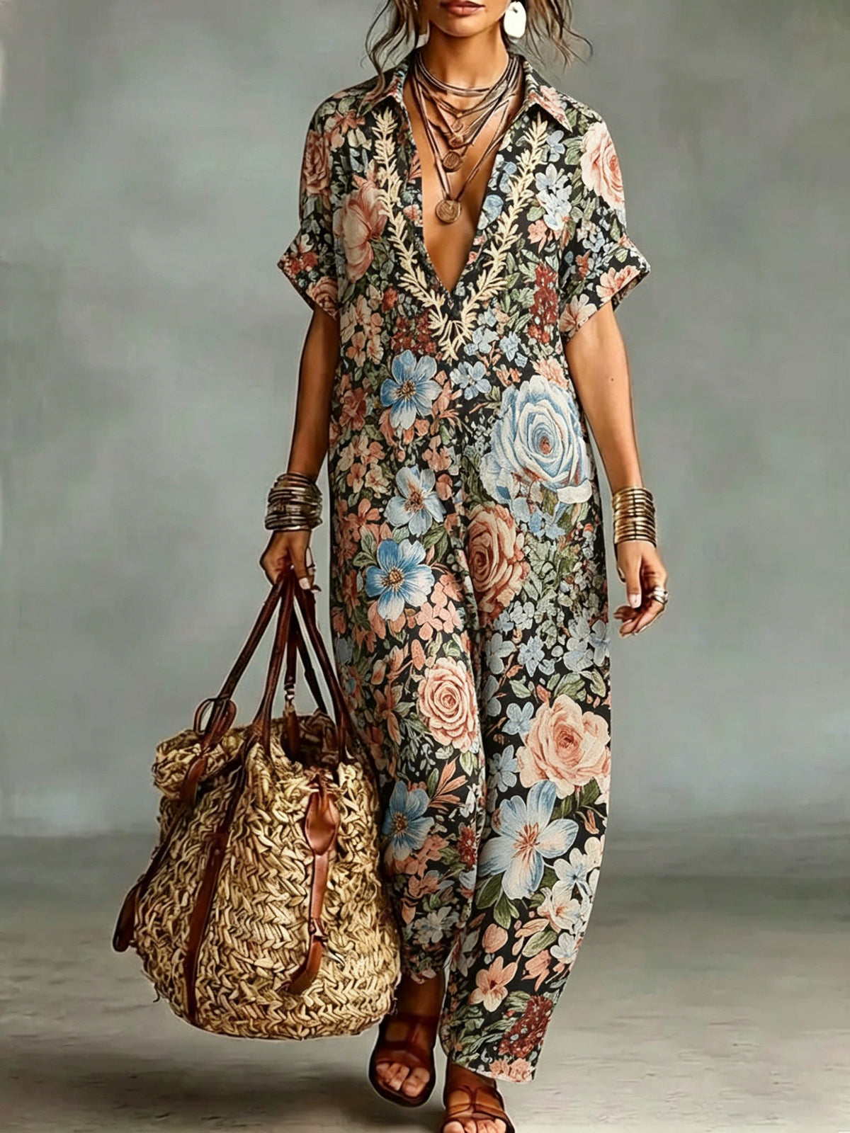 MADIGNANO - Abito lungo boho in cotone e lino