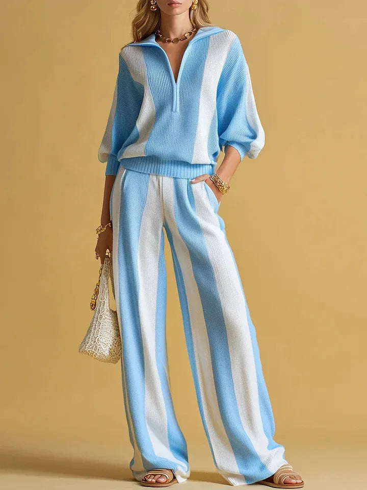 PERLO - Set due pezzi in maglia a righe con cardigan e pantaloni wide-leg