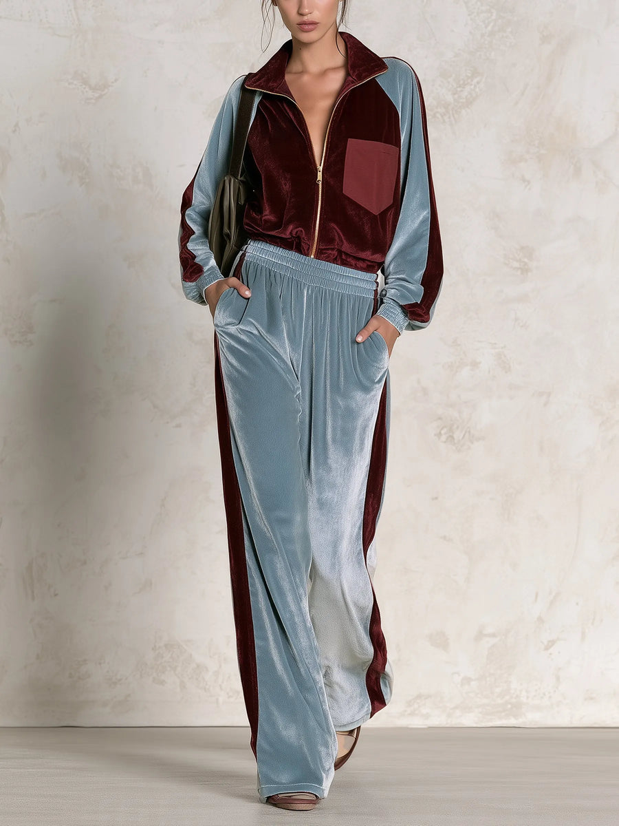 TREMEZZINA - Set due pezzi in velluto blu, giacca e pantaloni ampi