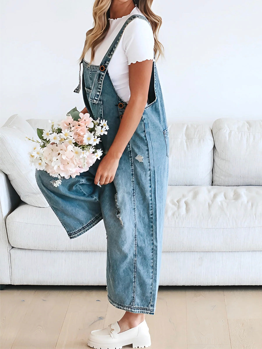 GIULIA - Salopette denim blu dal fit ampio distressed