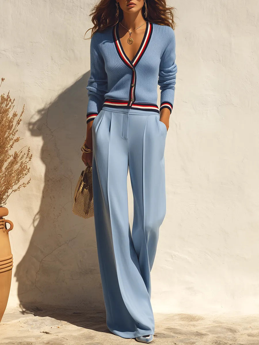 LICATA - Completo blu in maglia a righe con cardigan e pantaloni palazzo
