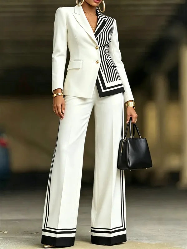 RINA - Set due pezzi bianco fantasia con blazer e pantaloni palazzo