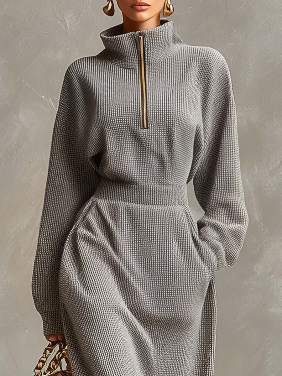 SAREZZANO - Abito maxi grigio con zip e colletto casual