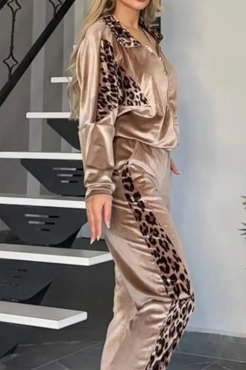 Lady Leopard Print Homewear Jacket+ Trousers Set