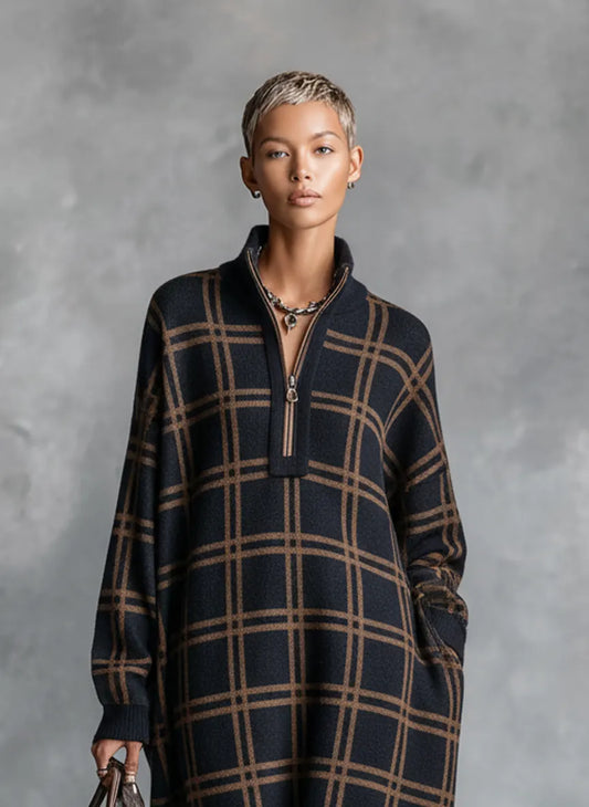 ABBATEGGIO - Abito maxi in maglia a quadri con collo zip