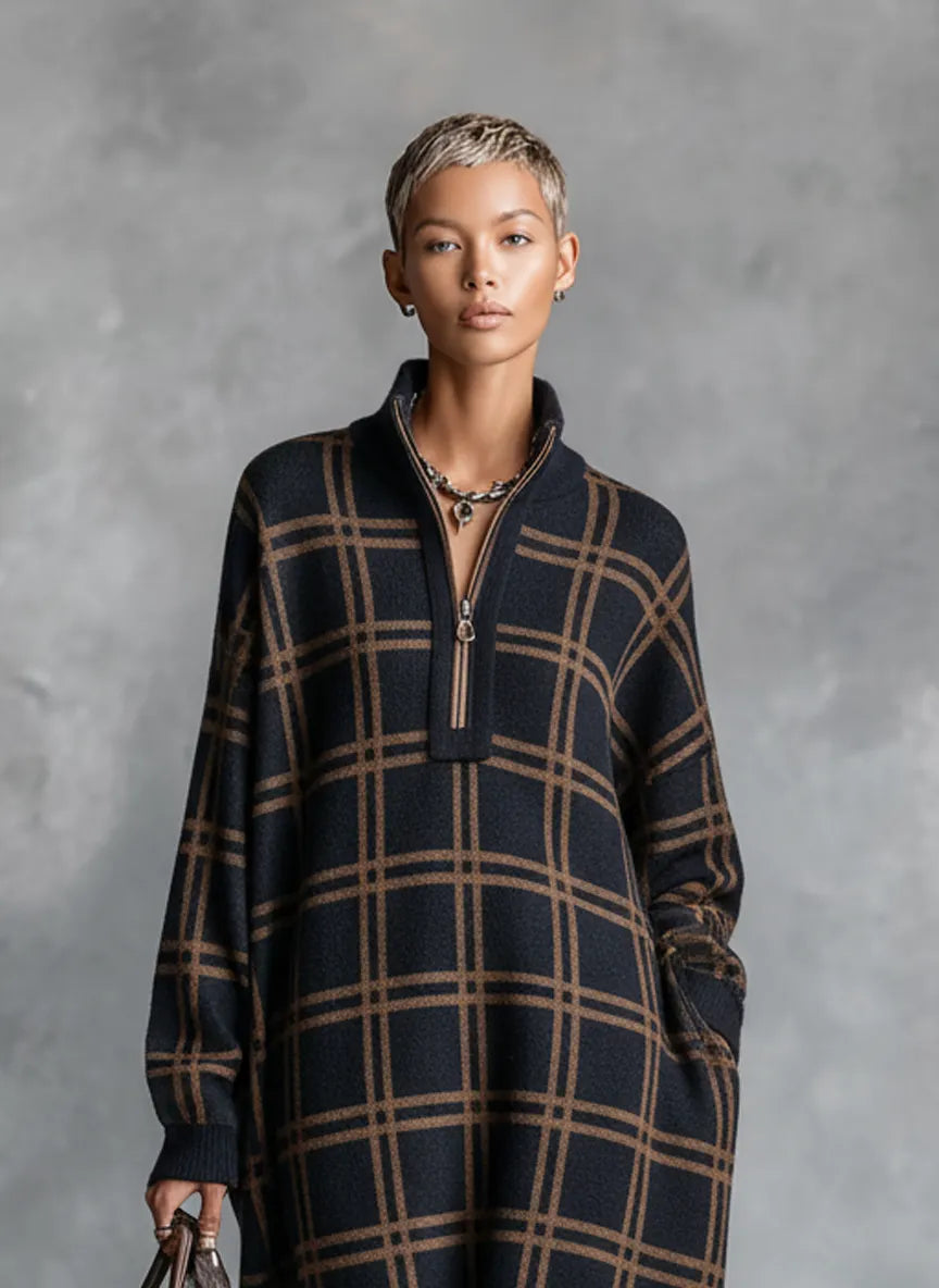 ABBATEGGIO - Abito maxi in maglia a quadri con collo zip