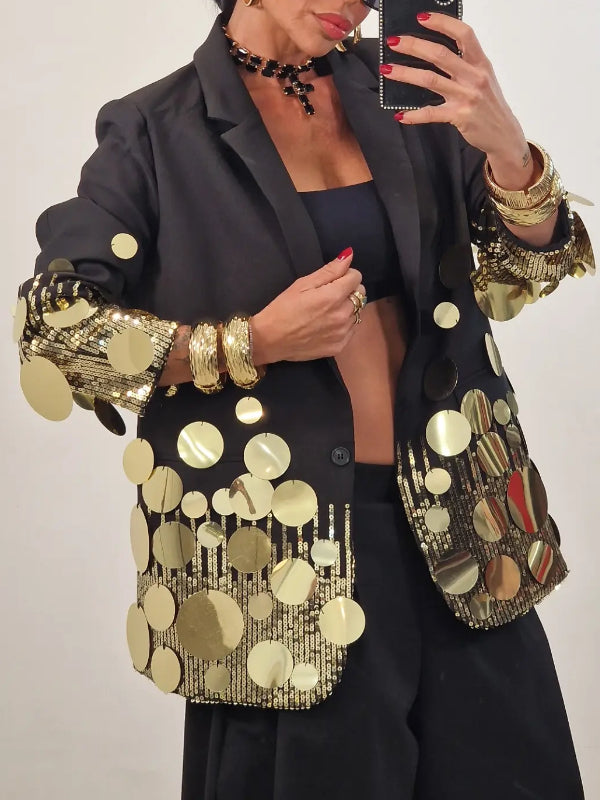 MARCELLA - Blazer nero con maxi dischi dorati e paillettes