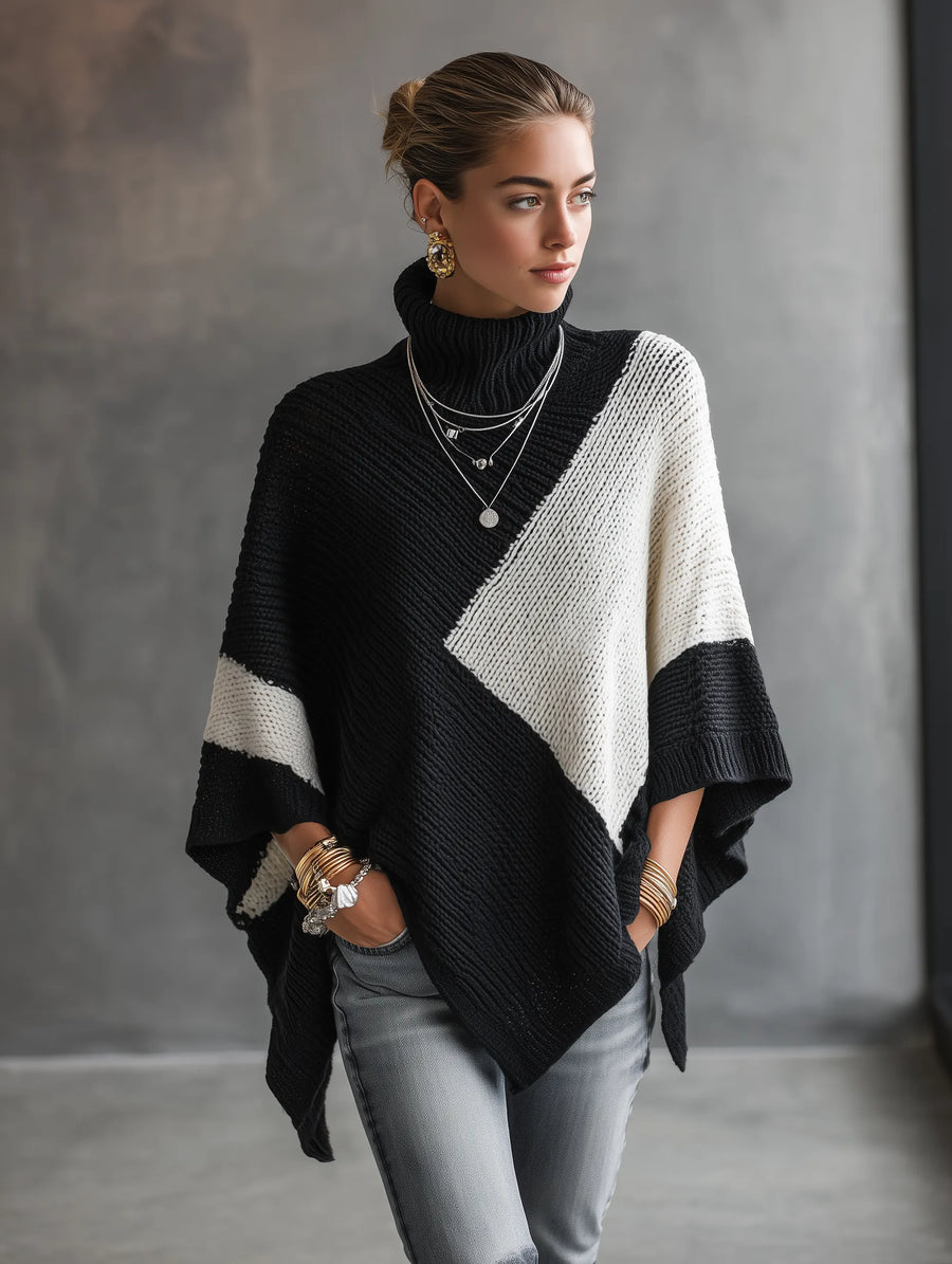 EMILIA - Poncho dolcevita colorblock nero in maglia