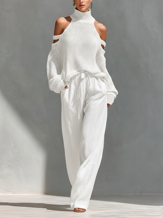 AURORA - Set top in maglia e pantaloni larghi beige