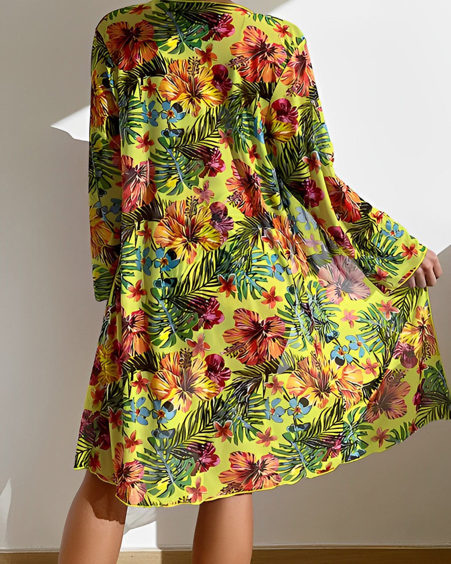 GIULIA - Bikini 3 pezzi verde con stampa tropicale e copritutto