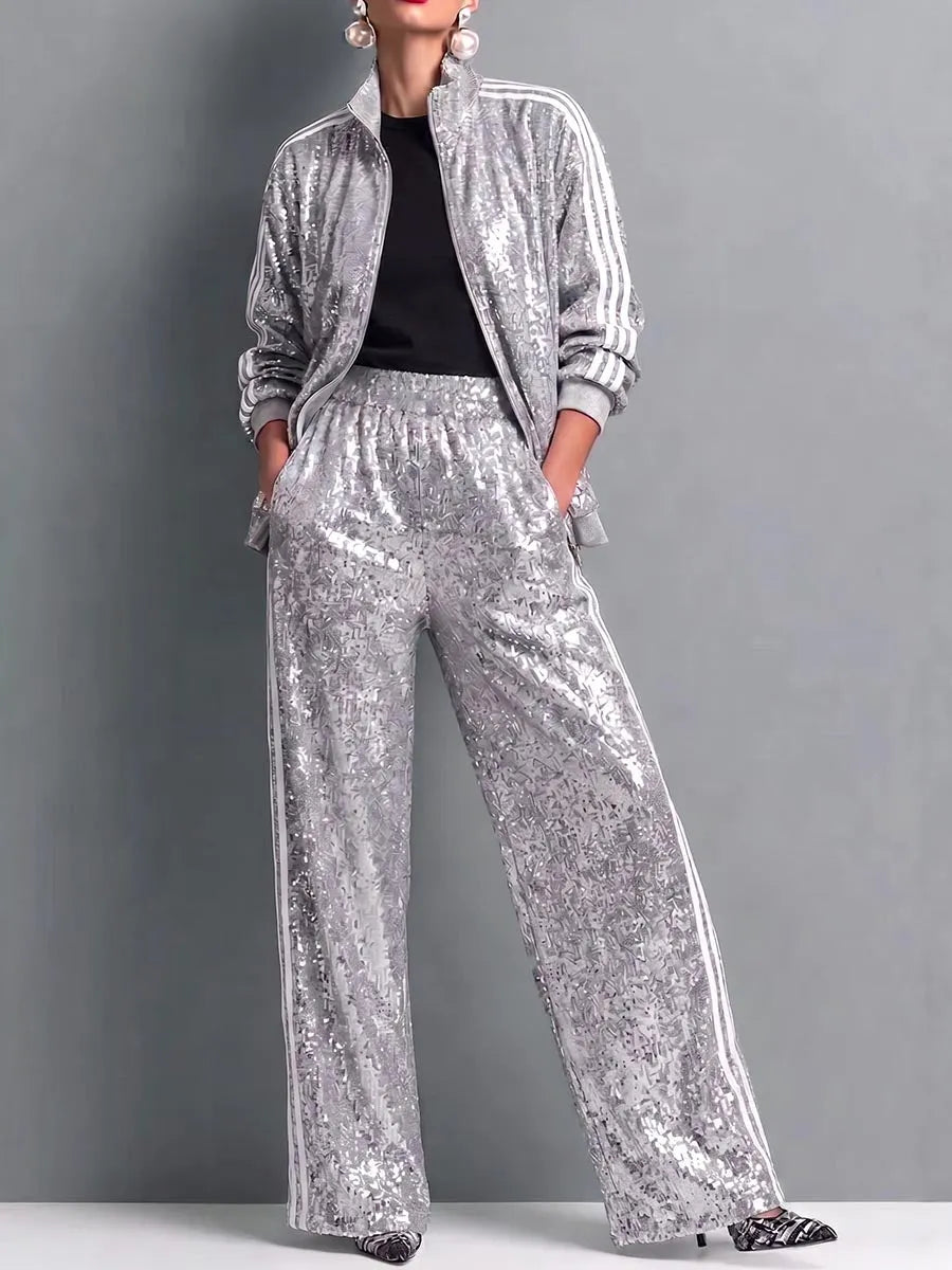 Set due pezzi con giacca e pantaloni con paillettes e righe laterali
