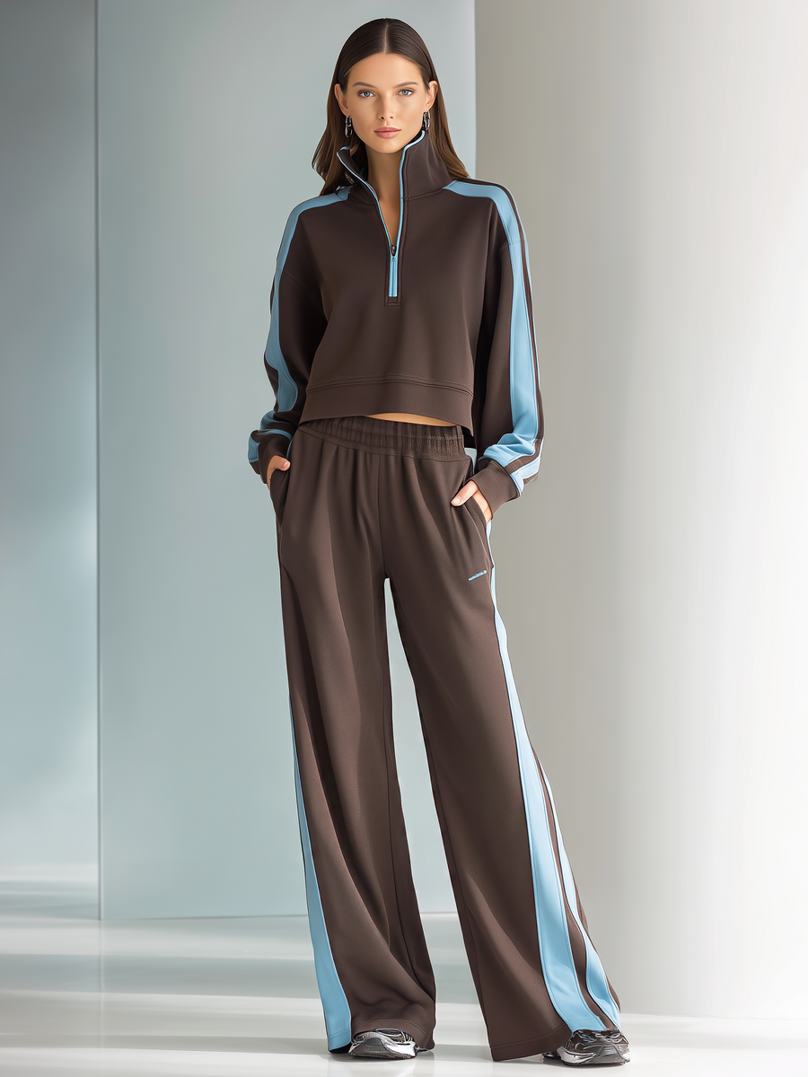 FORCE - Tuta casual marrone e azzurro con zip a mezza altezza