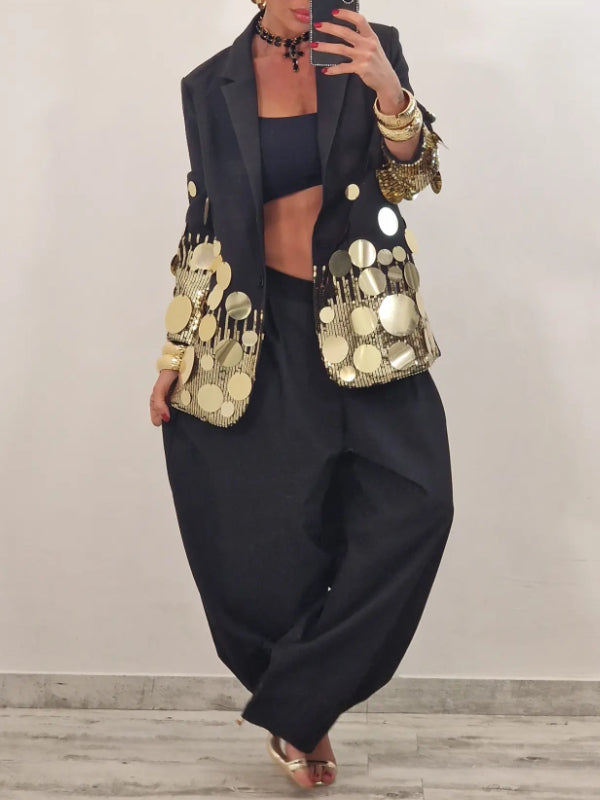 MARCELLA - Blazer nero con maxi dischi dorati e paillettes