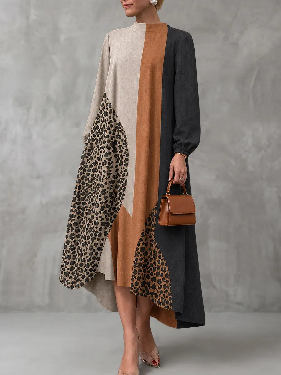 BORBONA - Maxi abito leopardato morbido con zip e maniche lunghe a contrasto