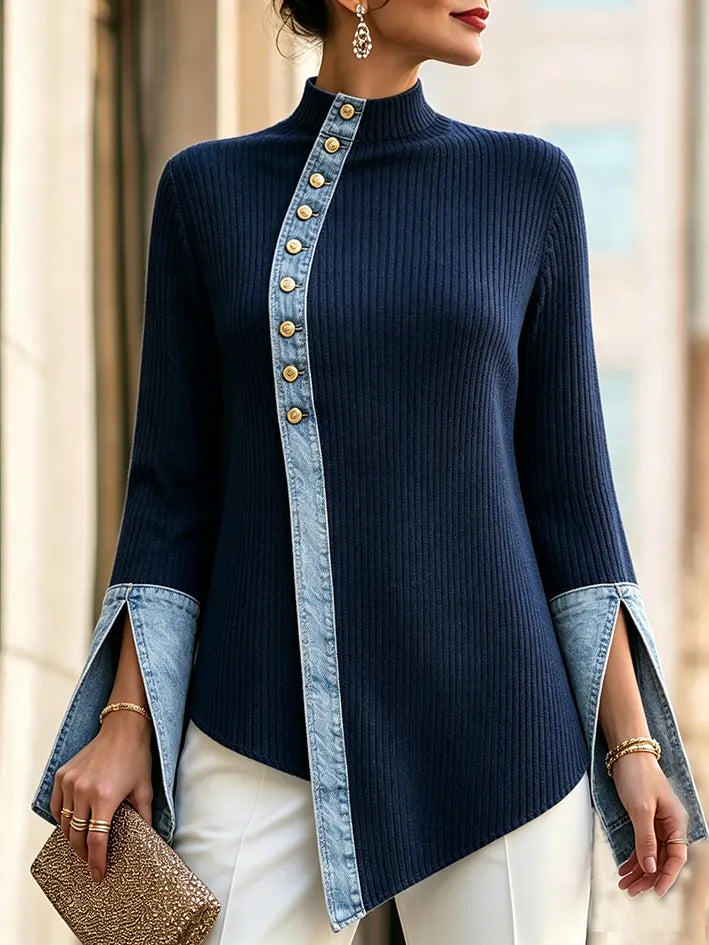 MORTARA - Top in maglia denim patchwork blu con collo alto