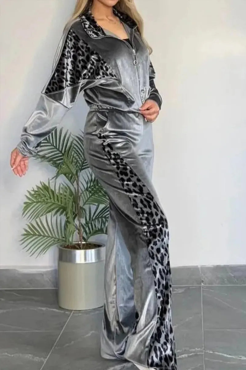 Lady Leopard Print Homewear Jacket+ Trousers Set