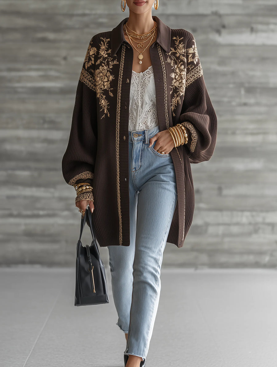 LANDIONA - Luxe Jacquard Knit Oversized-Fit Chocolate Brown Floral Cardigan