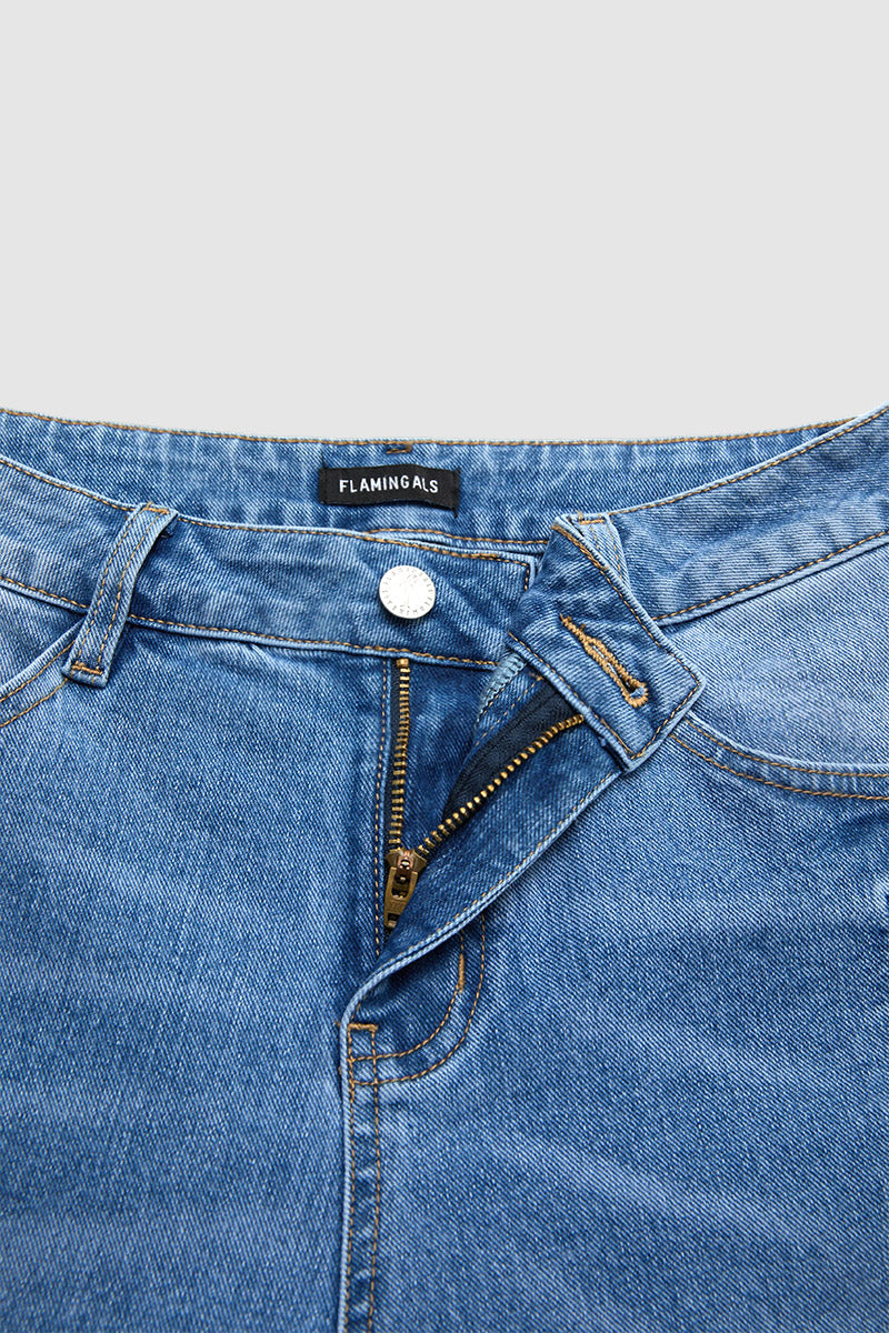 GAGLIOLE - Jeans wide leg blu medio a vita media con pannelli a contrasto e orlo grezzo