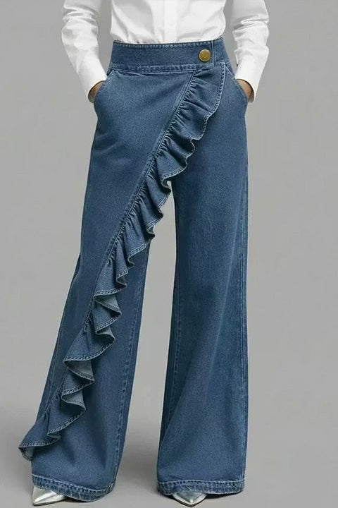 CIVO - Jeans wide leg in denim con vita alta e volant asimmetrici