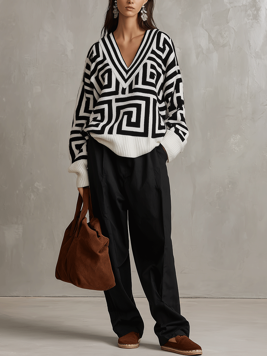 PETRITOLI - Maglione bianco jacquard oversize con scollo a V geometrico