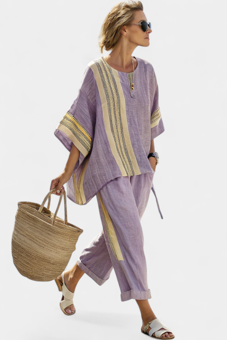 SOFIA - Completo top lavanda e pantaloni rigati senape