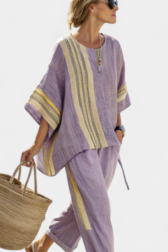 SOFIA - Completo top lavanda e pantaloni rigati senape