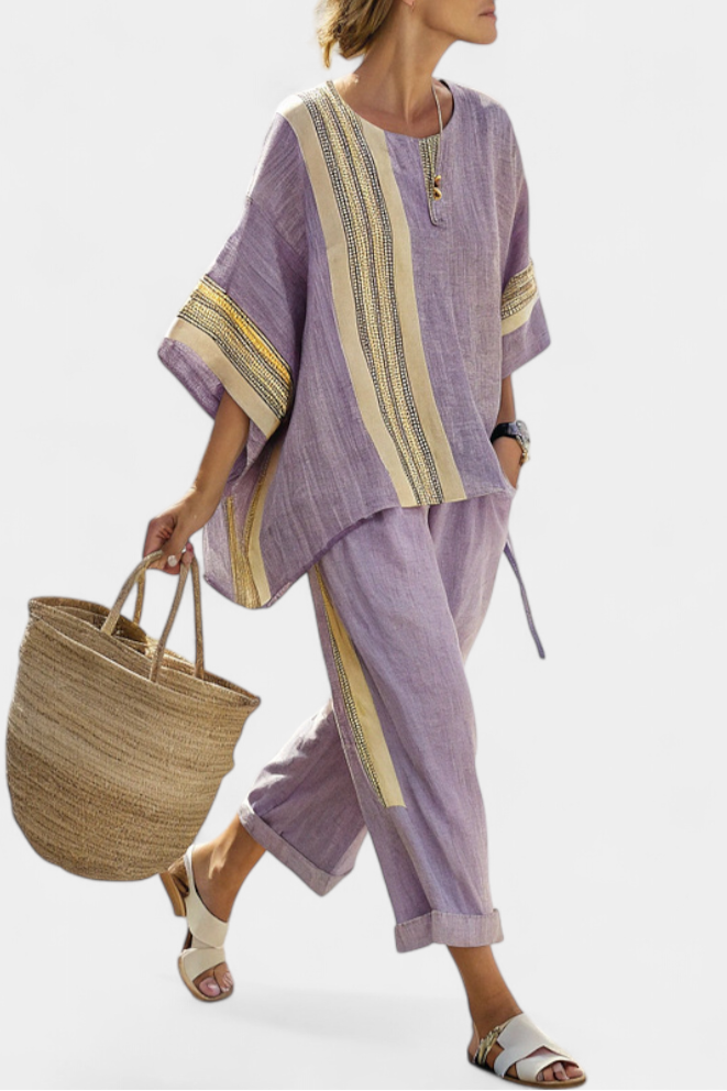 SOFIA - Completo top lavanda e pantaloni rigati senape