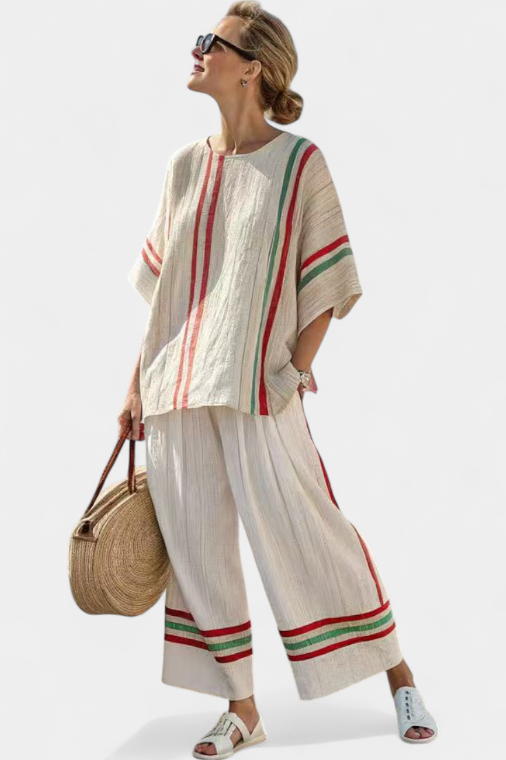 CHIARA - Completo boho a righe multicolori con pantaloni larghi