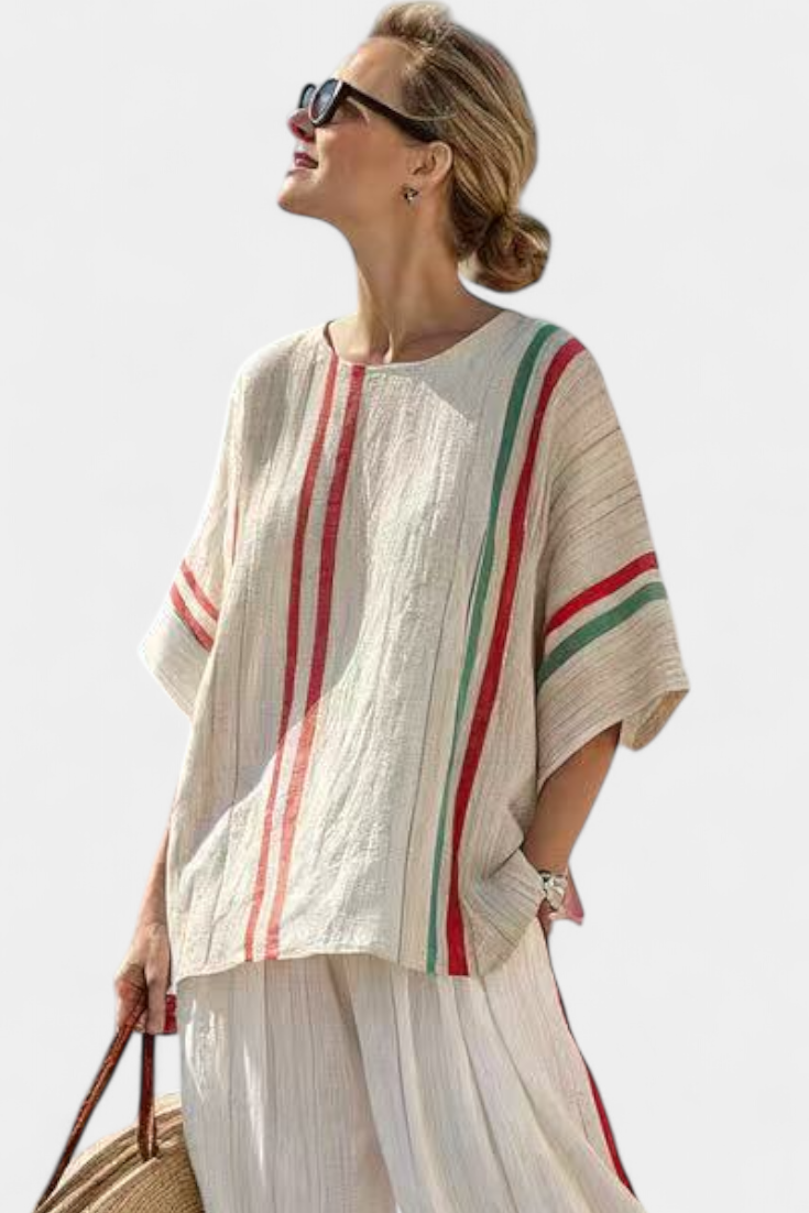 CHIARA - Completo boho a righe multicolori con pantaloni larghi