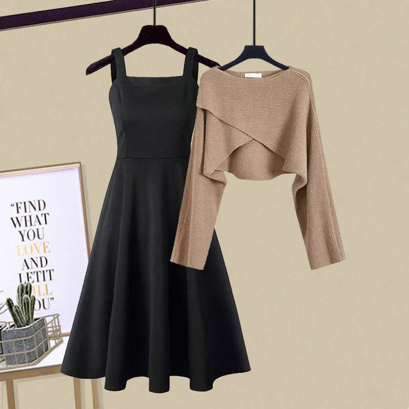 AGATA - Completo abito e maglione in grigio e beige